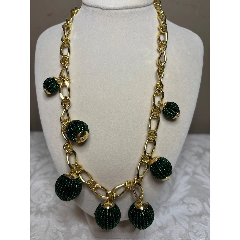 Talbots Gold Tone Chunky Link Necklace Green Beaded Ball Charms Statement 20in